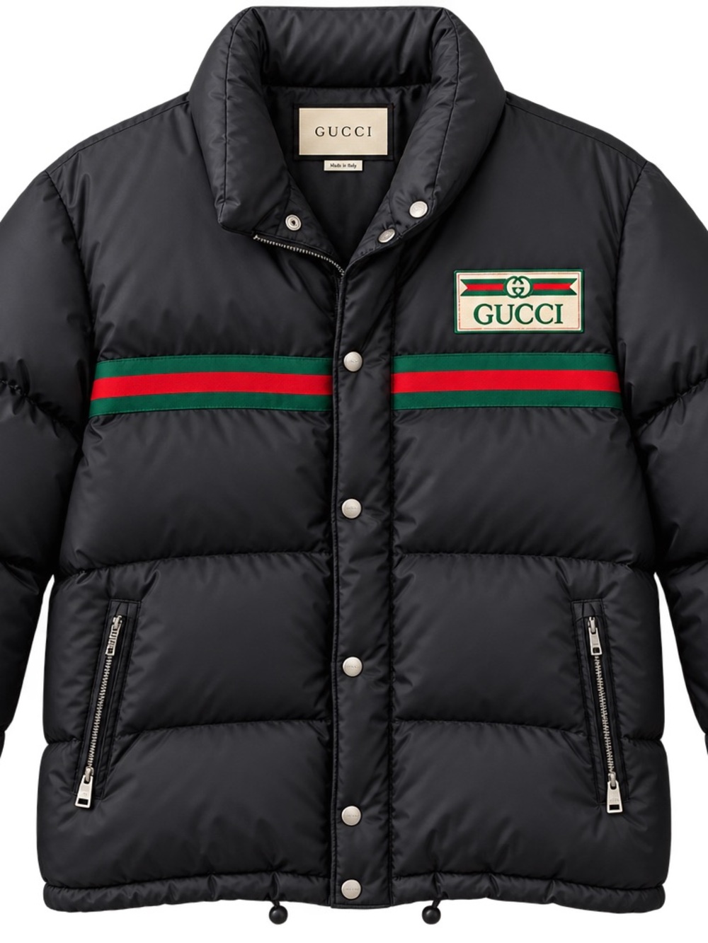 Gucci Black Puffer Jacket with Green and Red Web Stripe